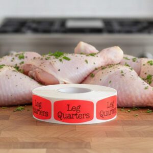 chicken leg quarters sticker on a red label with black print