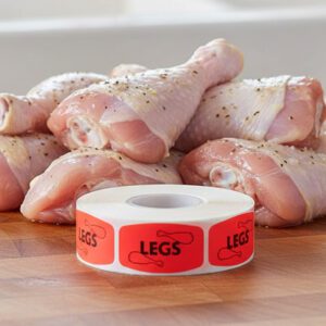 chicken legs sticker on a red label with black print