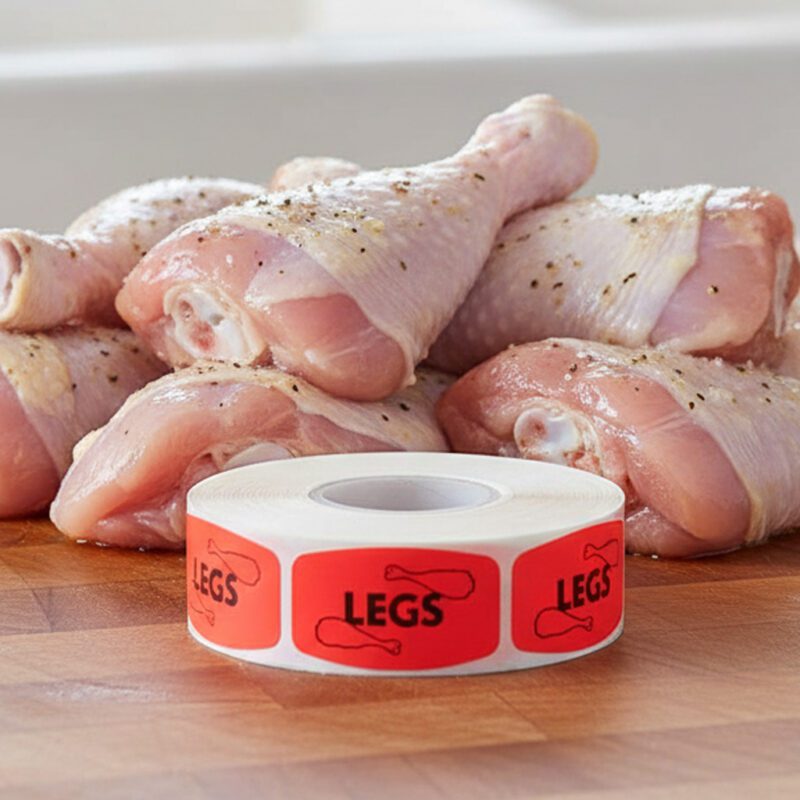 chicken legs sticker on a red label with black print