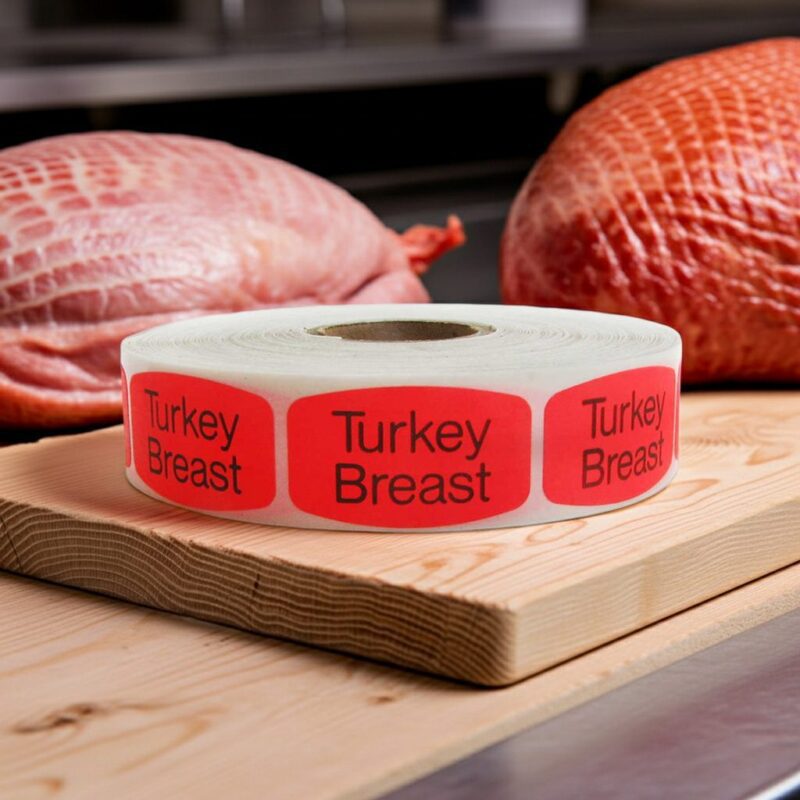 Turkey Breast sticker red identification label with black print on a roll of stickers