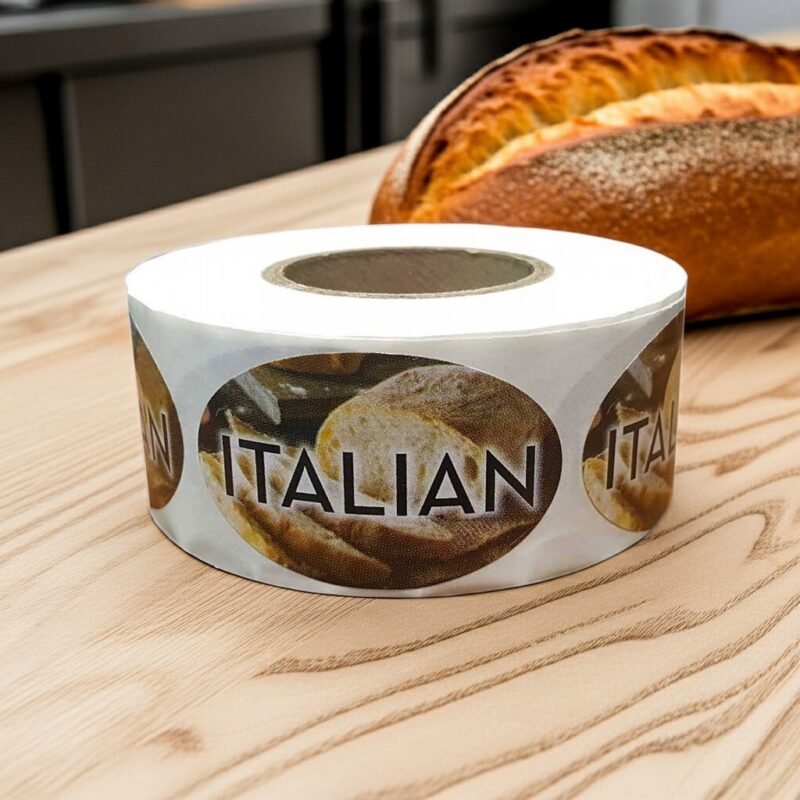 Italian bread sticker on roll of labels showing bread and the work Italian on the label