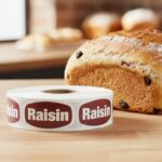 raisin sticker on brown label with white print