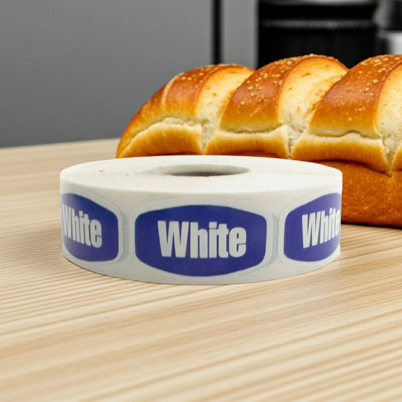 white bread sticker with blue background and white text