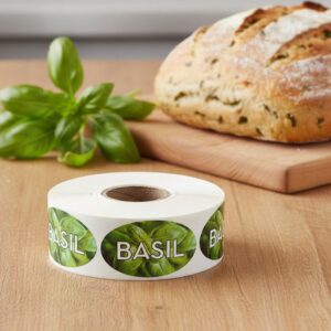 basil label with green leaf basil in the background and the word basil on the front on a roll of stickers