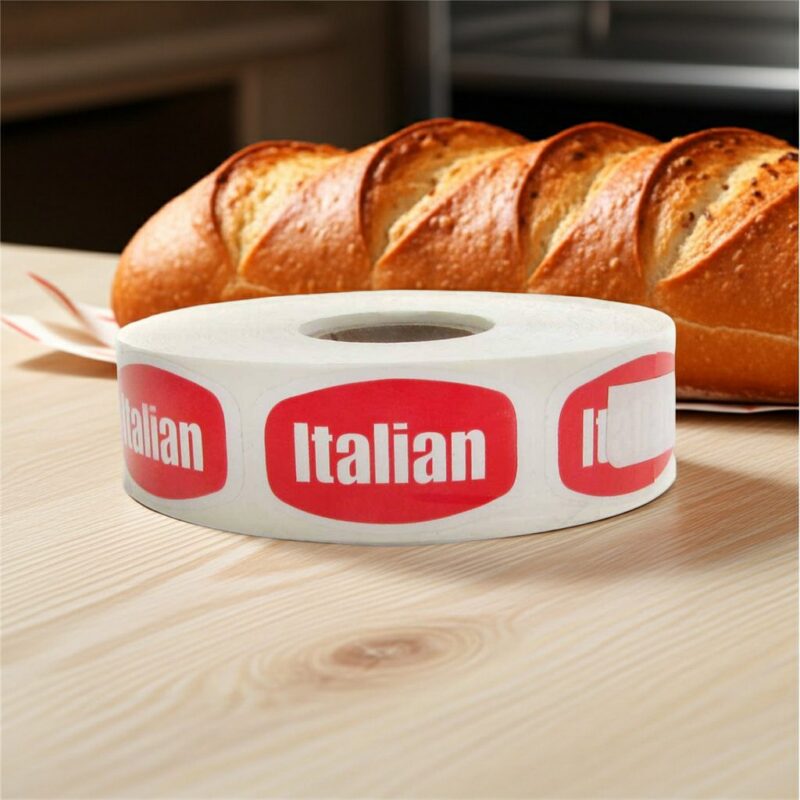 italian sticker with red background and white text next to italian bread