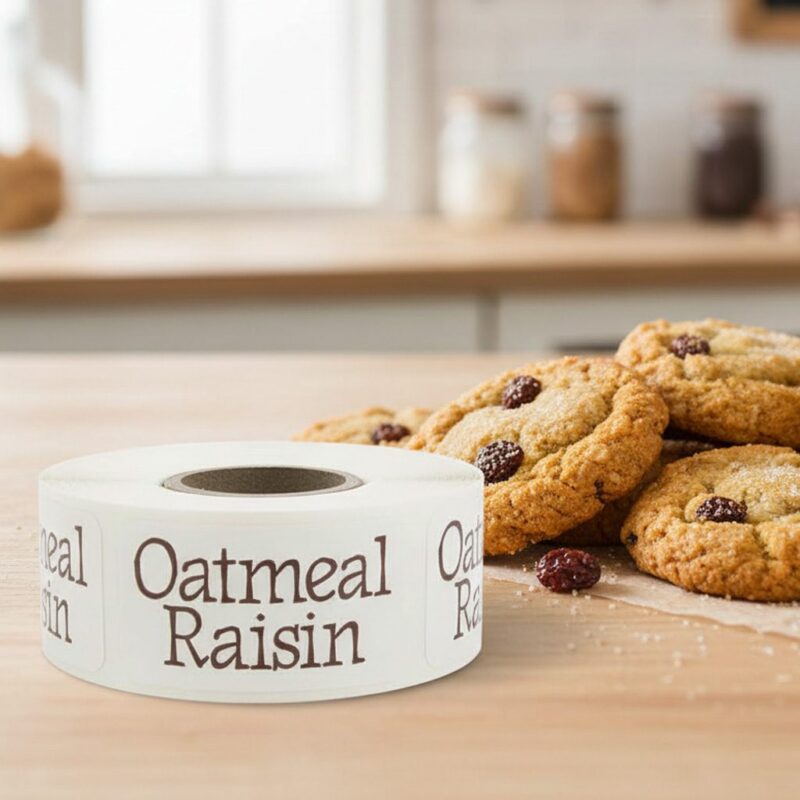 oatmeal raisin sticker on a rectangle white sticker next to oatmeal cookies