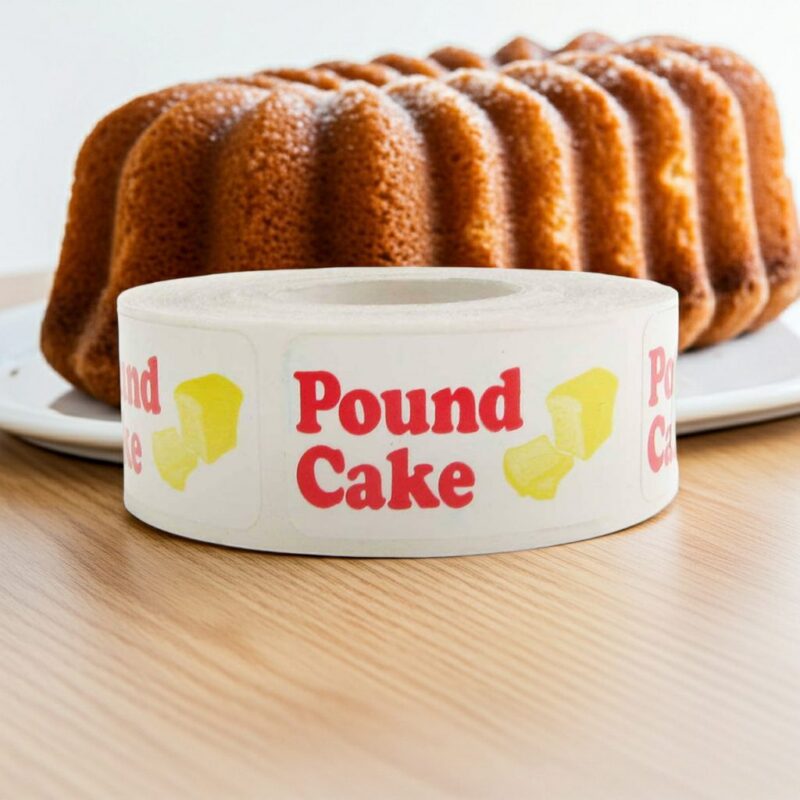 569146-Pound-Cake-Label pound cake label on a white rectangle label with red print and an image of yellow pound cake