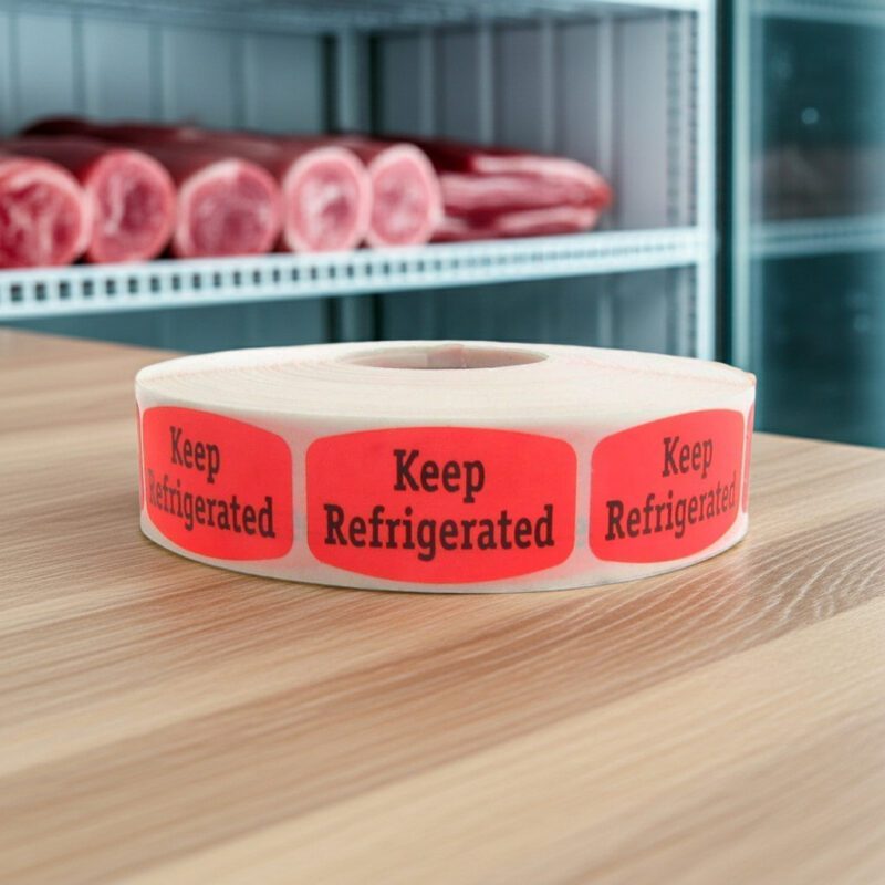 580028-Keep-Refrigerated-Label-Stickers keep refrigerated sticker on a red label with black print